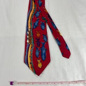Save the Children Silk Tie Rainbow River Fish Red Vintage Mens Necktie
